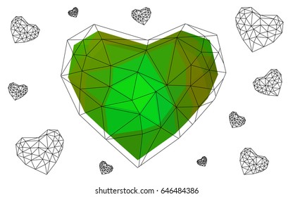 Light Green, Yellow vector greeting Card Happy Valentine's Day. Lettering with hearts on the white polygonal background. Colored triangular illustration for your business.