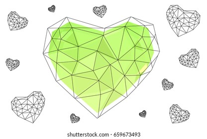 Light Green, Yellow vector greeting Card Happy Valentine's Day. Lettering with hearts on the white polygonal background. Colored triangular illustration for your business.