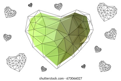 Light Green, Yellow vector greeting Card Happy Valentine's Day. Lettering with hearts on the white polygonal background. Colored triangular illustration for your business.