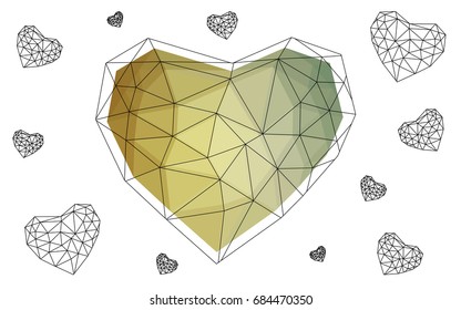 Light Green, Yellow vector greeting Card Happy Valentine's Day. Lettering with hearts on the white polygonal background. Colored triangular illustration for your business.