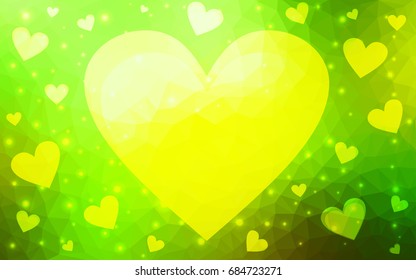 Light Green, Yellow vector greeting Card Happy Valentine's Day. Lettering with hearts on the white polygonal background. Colored triangular illustration for your business.