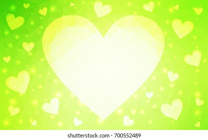 Light Green, Yellow vector greeting Card Happy Valentine's Day. Lettering with hearts on the white polygonal background. Colored triangular illustration for your business.