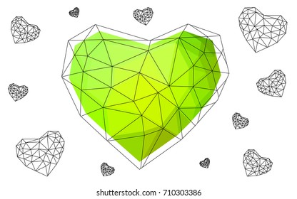 Light Green, Yellow vector greeting Card Happy Valentine's Day. Lettering with hearts on the white polygonal background. Colored triangular illustration for your business.