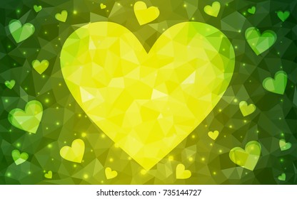 Light Green, Yellow vector greeting Card Happy Valentine's Day. Lettering with hearts on the white polygonal background. Colored triangular illustration for your business.