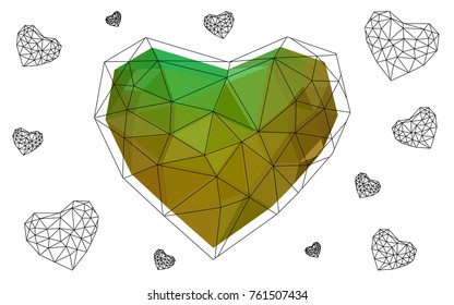 Light Green, Yellow vector greeting Card Happy Valentine's Day. Lettering with hearts on the white polygonal background. Colored triangular illustration for your business.