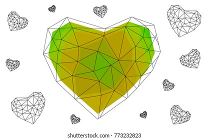Light Green, Yellow vector greeting Card Happy Valentine's Day. Lettering with hearts on the white polygonal background. Colored triangular illustration for your business.