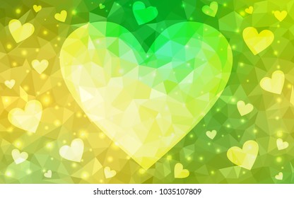Light Green, Yellow vector heart isolated on white background. Geometric rumpled triangular low poly origami style gradient graphic illustration. Polygonal design for your business.