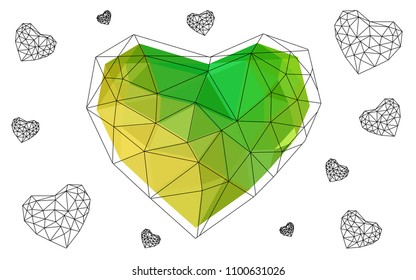 Light Green, Yellow vector heart isolated on white background. Geometric rumpled triangular low poly origami style gradient graphic illustration. Polygonal design for your business.