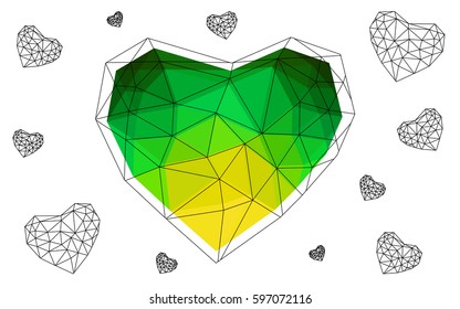 Light Green, Yellow vector heart isolated on white background. Geometric rumpled triangular low poly origami style gradient graphic illustration. Polygonal design for your business.