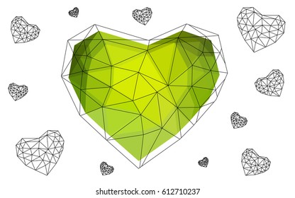 Light Green, Yellow vector heart isolated on white background. Geometric rumpled triangular low poly origami style gradient graphic illustration. Polygonal design for your business.
