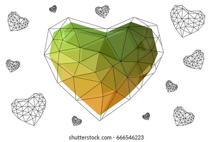 Light Green, Yellow vector heart isolated on white background. Geometric rumpled triangular low poly origami style gradient graphic illustration. Polygonal design for your business.