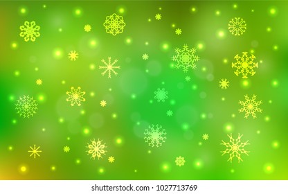 Light Green, Yellow vector layout with bright snowflakes. Decorative shining illustration with snow on abstract template. The pattern can be used for new year ad, booklets.