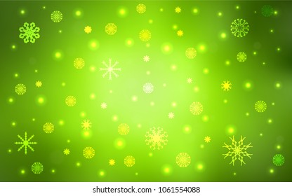 Light Green, Yellow vector layout with bright snowflakes. Snow on blurred abstract background with gradient. The pattern can be used for new year leaflets.