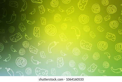 Light Green, Yellow vector layout with restaurant food. Glitter abstract sketch with gourmet food. Template for meal cooking in kitchen.