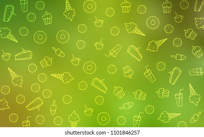 Light Green, Yellow vector layout with sweet desserts. Illustration with set of sweet food in doodle style. Pattern for ads of breakfast, lunch, dinner.