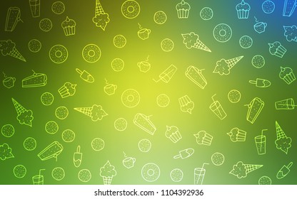 Light Green, Yellow vector layout with sweet desserts. Blurred decorative design of desserts in doodle style. Pattern for ad, booklets, leaflets of restaurants.