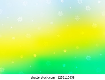 Light Green, Yellow vector layout with bright snowflakes. Blurred decorative design in xmas style with snow. The template can be used as a new year background.