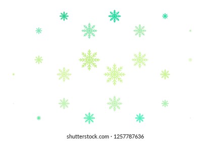 Light Green, Yellow vector layout with bright snowflakes. Snow on blurred abstract background with gradient. New year design for your ad, poster, banner.
