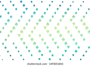Light Green, Yellow vector layout with elements of cards. Blurred decorative design of hearts, spades, clubs, diamonds. Pattern for ads of parties, events in Vegas.
