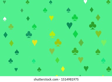 Light Green, Yellow vector layout with elements of cards. Colored illustration with hearts, spades, clubs, diamonds. Template for business cards of casinos.