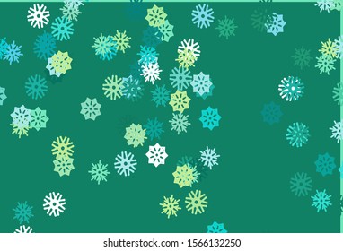 Light Green, Yellow vector layout with bright snowflakes. Blurred decorative design in xmas style with snow. New year design for your ad, poster, banner.