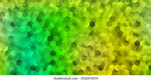 Diseño vectorial verde claro, amarillo con formas de hexágonos. Ilustración con hexágonos de color sobre la superficie de gradiente de desenfoque. Diseño para las páginas de inicio.