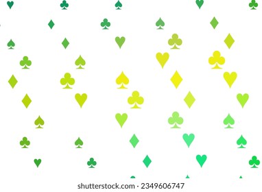 Light Green, Yellow vector layout with elements of cards. Colored illustration with hearts, spades, clubs, diamonds. Template for business cards of casinos.