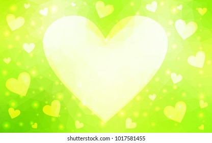 Light Green, Yellow vector love background with heart. Paper note. Valentine's greeting polygonal card. Triangular illustration for your business. Stock template for your design.