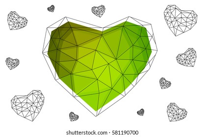 Light Green, Yellow vector love background with heart. Paper note. Valentine's greeting polygonal card. Triangular illustration for your business. Stock template for your design.
