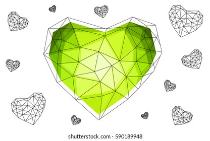 Light Green, Yellow vector love background with heart. Paper note. Valentine's greeting polygonal card. Triangular illustration for your business. Stock template for your design.