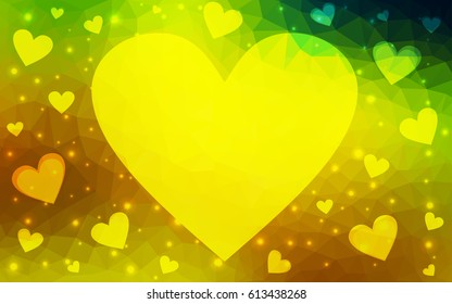 Light Green, Yellow vector love background with heart. Paper note. Valentine's greeting polygonal card. Triangular illustration for your business. Stock template for your design.