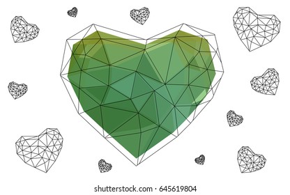 Light Green, Yellow vector love background with heart. Paper note. Valentine's greeting polygonal card. Triangular illustration for your business. Stock template for your design.