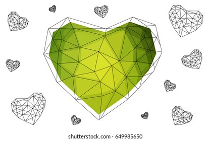 Light Green, Yellow vector love background with heart. Paper note. Valentine's greeting polygonal card. Triangular illustration for your business. Stock template for your design.