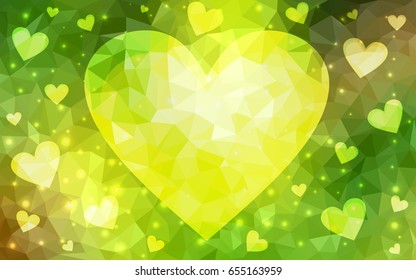 Light Green, Yellow vector love background with heart. Paper note. Valentine's greeting polygonal card. Triangular illustration for your business. Stock template for your design.