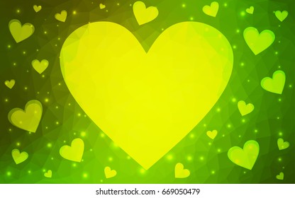 Light Green, Yellow vector love background with heart. Paper note. Valentine's greeting polygonal card. Triangular illustration for your business. Stock template for your design.