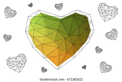 Light Green, Yellow vector love background with heart. Paper note. Valentine's greeting polygonal card. Triangular illustration for your business. Stock template for your design.