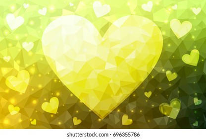 Light Green, Yellow vector love background with heart. Paper note. Valentine's greeting polygonal card. Triangular illustration for your business. Stock template for your design.