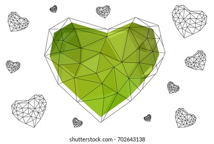 Light Green, Yellow vector love background with heart. Paper note. Valentine's greeting polygonal card. Triangular illustration for your business. Stock template for your design.