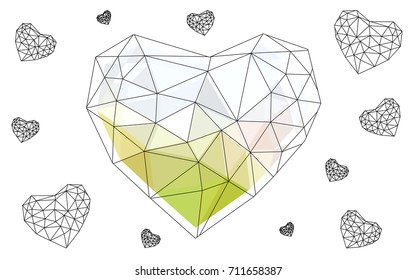 Light Green, Yellow vector love background with heart. Paper note. Valentine's greeting polygonal card. Triangular illustration for your business. Stock template for your design.