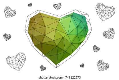 Light Green, Yellow vector love background with heart. Paper note. Valentine's greeting polygonal card. Triangular illustration for your business. Stock template for your design.