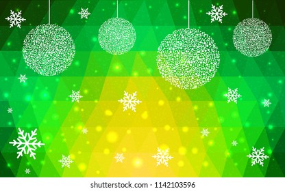 Light Green Yellow vector low poly crystal background with snowflakes. Polygon christmas design pattern . Low poly illustration of New Year celebration.