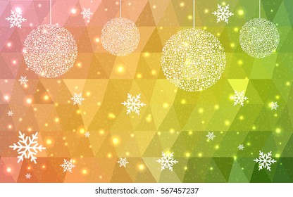 Light Green Yellow vector low poly crystal background with snowflakes. Polygon christmas design pattern . Low poly illustration of New Year celebration.