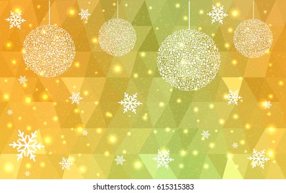 Light Green Yellow vector low poly crystal background with snowflakes. Polygon christmas design pattern . Low poly illustration of New Year celebration.