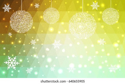 Light Green Yellow vector low poly crystal background with snowflakes. Polygon christmas design pattern . Low poly illustration of New Year celebration.
