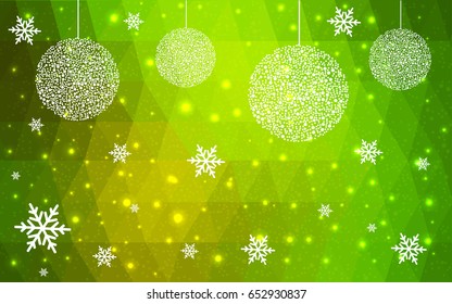 Light Green Yellow vector low poly crystal background with snowflakes. Polygon christmas design pattern . Low poly illustration of New Year celebration.