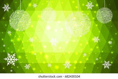 Light Green Yellow vector low poly crystal background with snowflakes. Polygon christmas design pattern . Low poly illustration of New Year celebration.