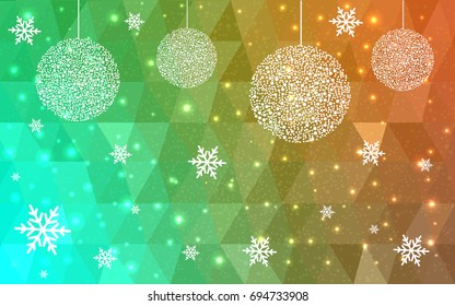 Light Green Yellow vector low poly crystal background with snowflakes. Polygon christmas design pattern . Low poly illustration of New Year celebration.