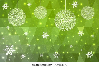 Light Green Yellow vector low poly crystal background with snowflakes. Polygon christmas design pattern . Low poly illustration of New Year celebration.