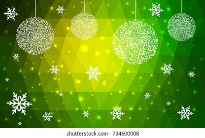 Light Green Yellow vector low poly crystal background with snowflakes. Polygon christmas design pattern . Low poly illustration of New Year celebration.