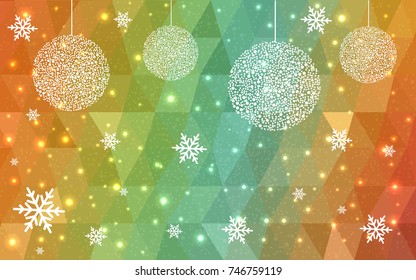 Light Green Yellow vector low poly crystal background with snowflakes. Polygon christmas design pattern . Low poly illustration of New Year celebration.